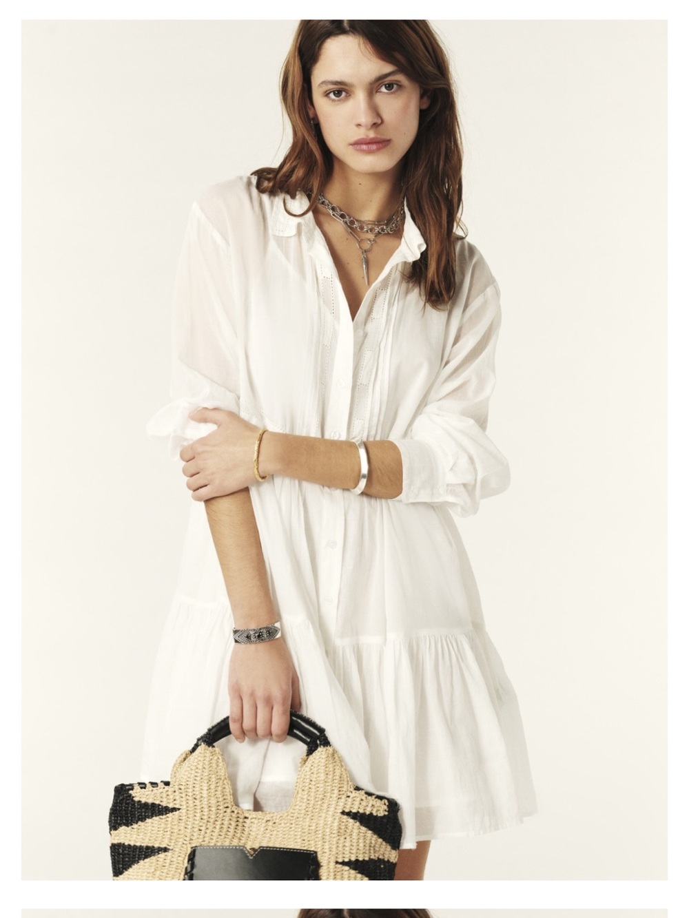 BA&SH White Tiered Button-Up Dress